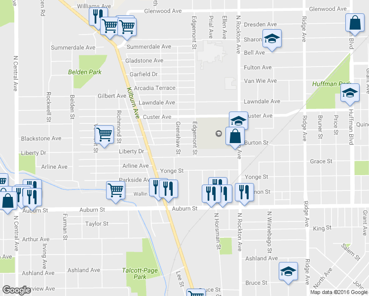 map of restaurants, bars, coffee shops, grocery stores, and more near 2820 Kenmore Ave in Rockford