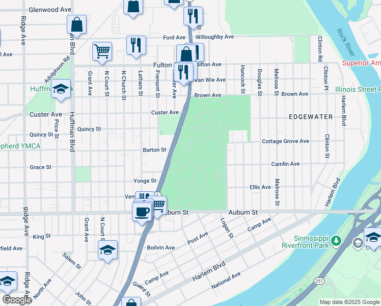 map of restaurants, bars, coffee shops, grocery stores, and more near 1011 Auburn Street in Rockford