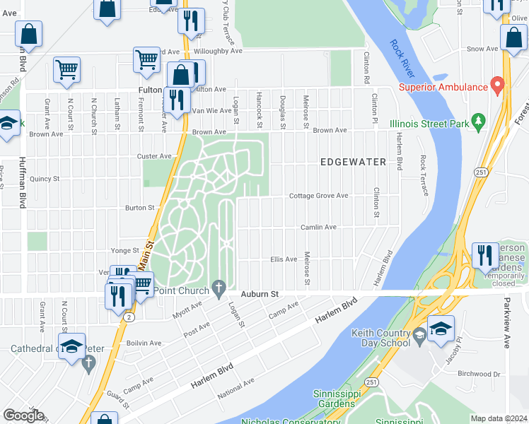 map of restaurants, bars, coffee shops, grocery stores, and more near 1925 Hancock Street in Rockford