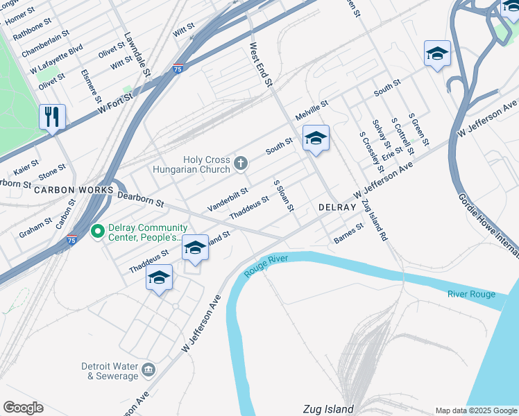 map of restaurants, bars, coffee shops, grocery stores, and more near 8377 Thaddeus Street in Detroit