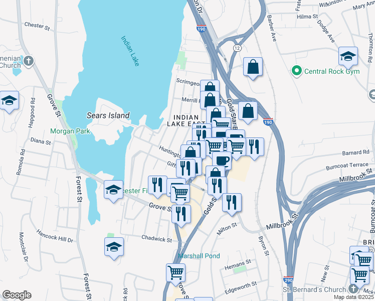 map of restaurants, bars, coffee shops, grocery stores, and more near 4 Loring Street in Worcester