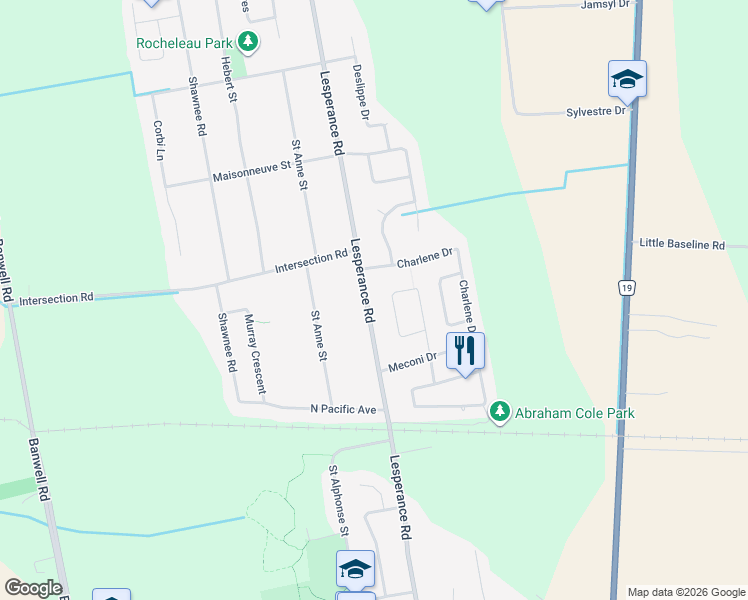 map of restaurants, bars, coffee shops, grocery stores, and more near 2032 Lesperance Road in Windsor