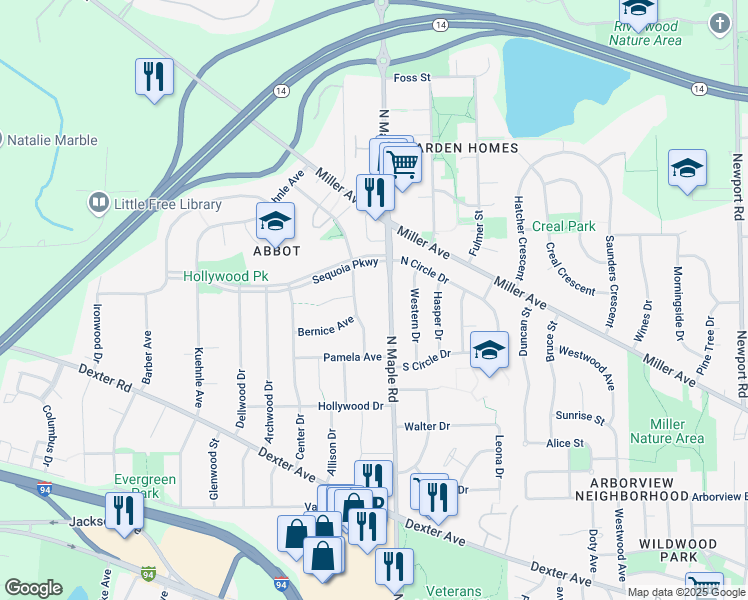 map of restaurants, bars, coffee shops, grocery stores, and more near 1111 North Maple Road in Ann Arbor
