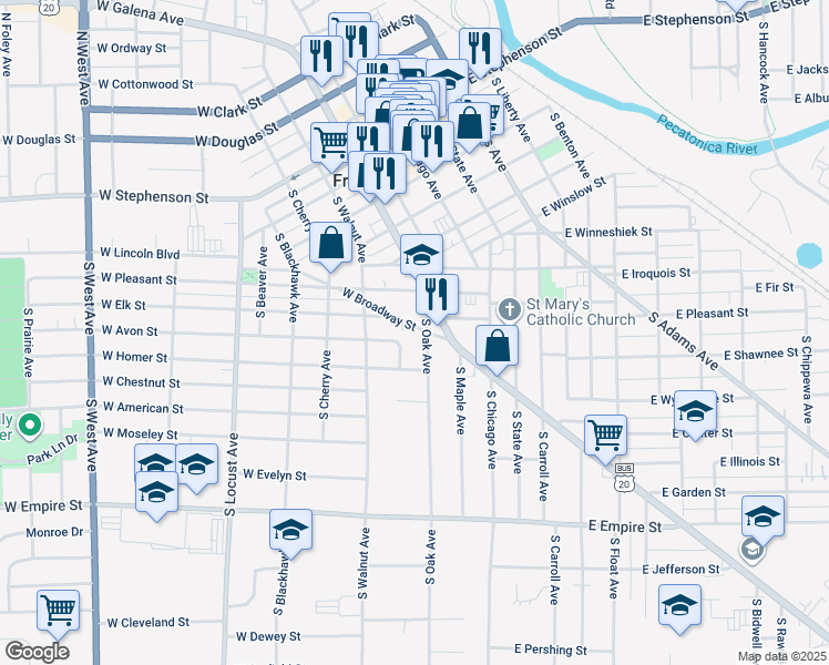 map of restaurants, bars, coffee shops, grocery stores, and more near 209 West Broadway Street in Freeport
