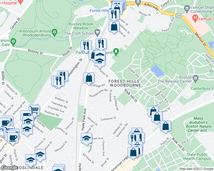 map of restaurants, bars, coffee shops, grocery stores, and more near 35 Eldridge Road in Boston