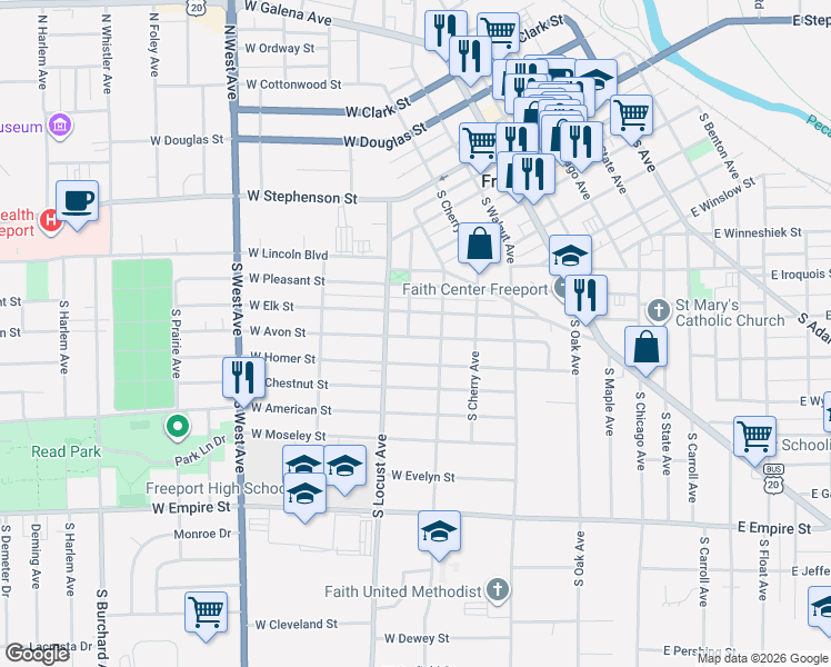 map of restaurants, bars, coffee shops, grocery stores, and more near 522 West Avon Street in Freeport