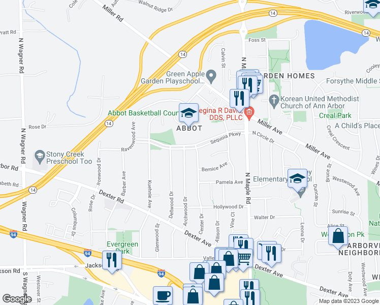 map of restaurants, bars, coffee shops, grocery stores, and more near 2725 Sequoia Parkway in Ann Arbor