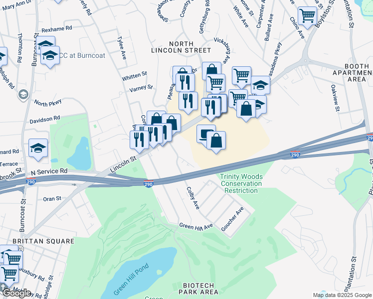 map of restaurants, bars, coffee shops, grocery stores, and more near 13 Trinity Avenue in Worcester
