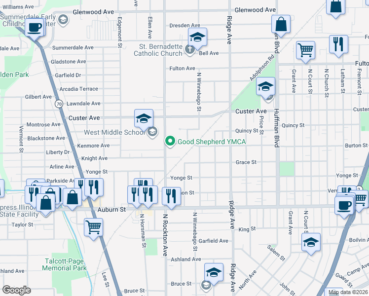 map of restaurants, bars, coffee shops, grocery stores, and more near 2404 Burton Street in Rockford