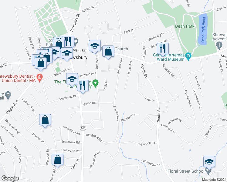 map of restaurants, bars, coffee shops, grocery stores, and more near 56 Francis Avenue in Shrewsbury