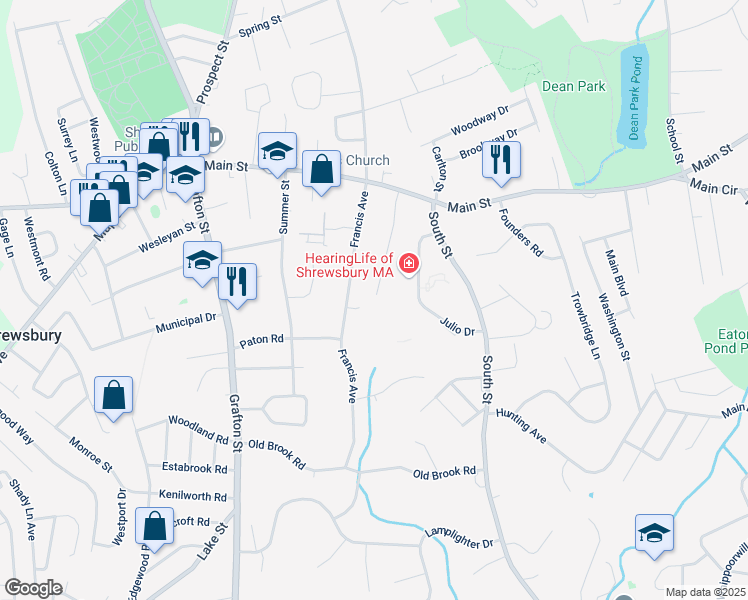 map of restaurants, bars, coffee shops, grocery stores, and more near 42 Bruce Avenue in Shrewsbury