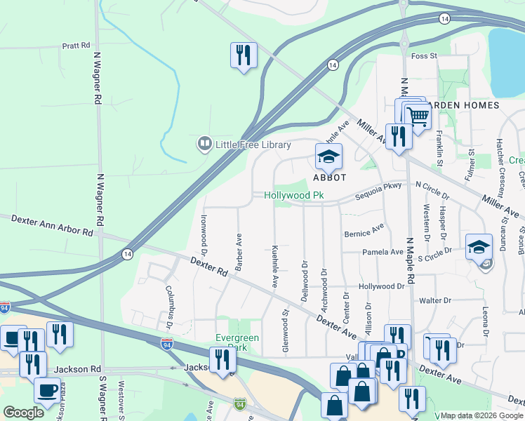 map of restaurants, bars, coffee shops, grocery stores, and more near 785 Kuehnle Avenue in Ann Arbor