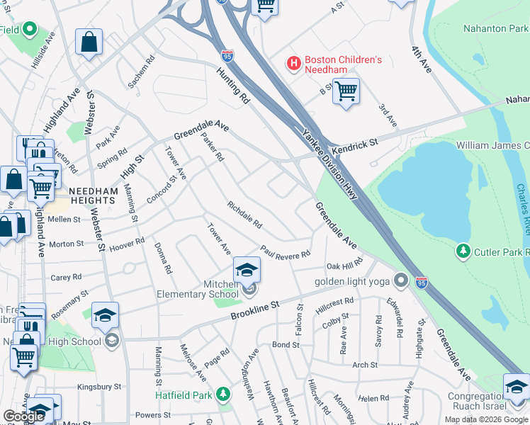 map of restaurants, bars, coffee shops, grocery stores, and more near 139 Parker Road in Needham