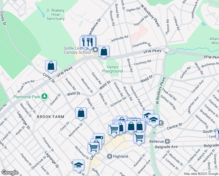 map of restaurants, bars, coffee shops, grocery stores, and more near 36 Alameda Road in Boston