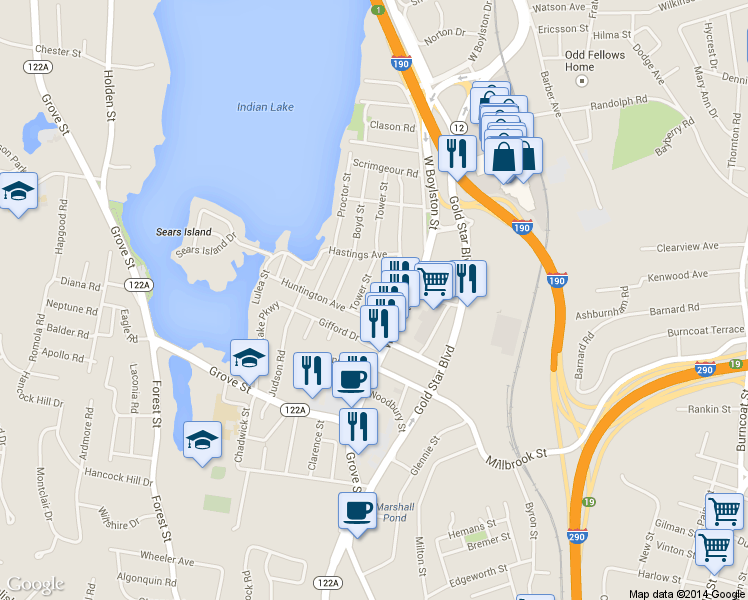 map of restaurants, bars, coffee shops, grocery stores, and more near 4 Loring Street in Worcester