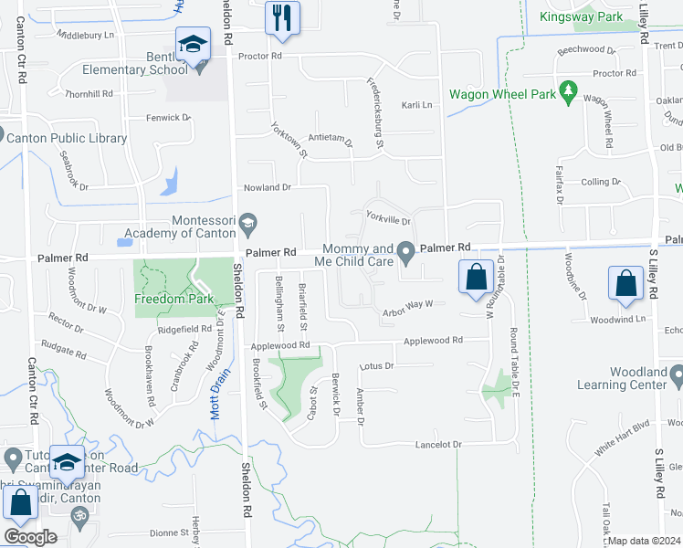 map of restaurants, bars, coffee shops, grocery stores, and more near 1911 South Cavalier Drive in Canton