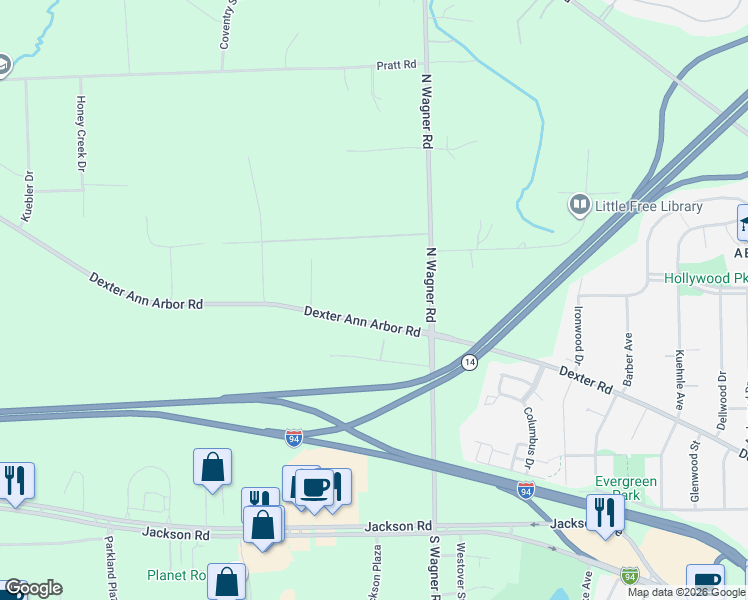 map of restaurants, bars, coffee shops, grocery stores, and more near 3620 Dexter Ann Arbor Road in Ann Arbor