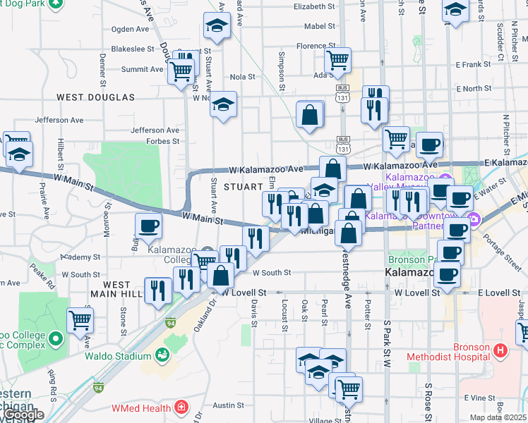 map of restaurants, bars, coffee shops, grocery stores, and more near 127 Elm Street in Kalamazoo