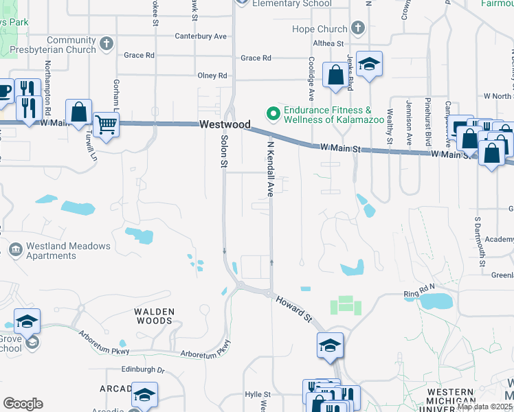 map of restaurants, bars, coffee shops, grocery stores, and more near 105 North Kendall Avenue in Kalamazoo