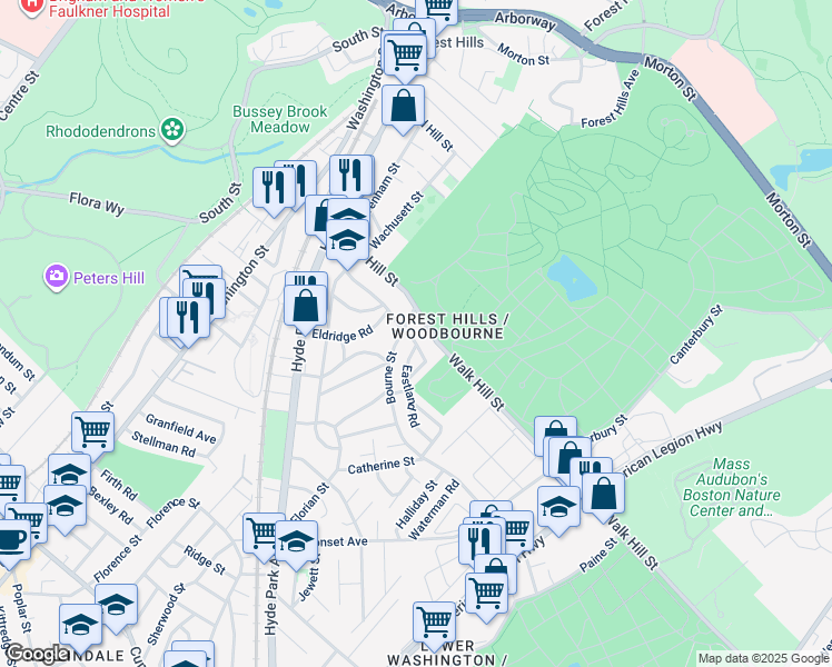 map of restaurants, bars, coffee shops, grocery stores, and more near 2 Eastland Road in Boston