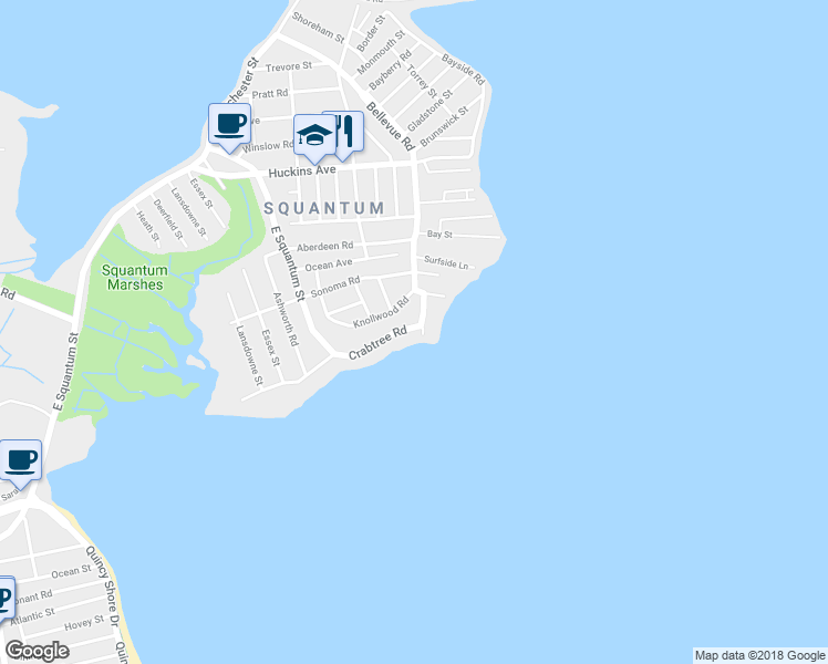 map of restaurants, bars, coffee shops, grocery stores, and more near 10 Crabtree Road in Quincy