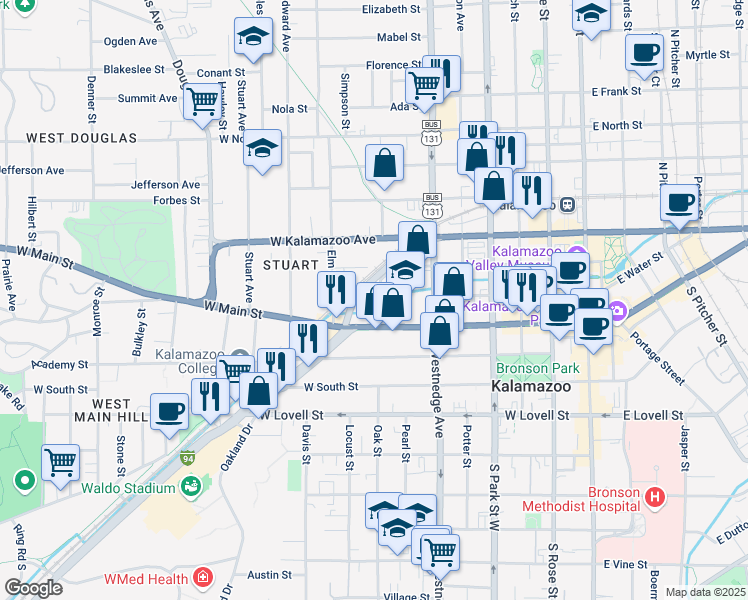 map of restaurants, bars, coffee shops, grocery stores, and more near 201 Allen Boulevard in Kalamazoo