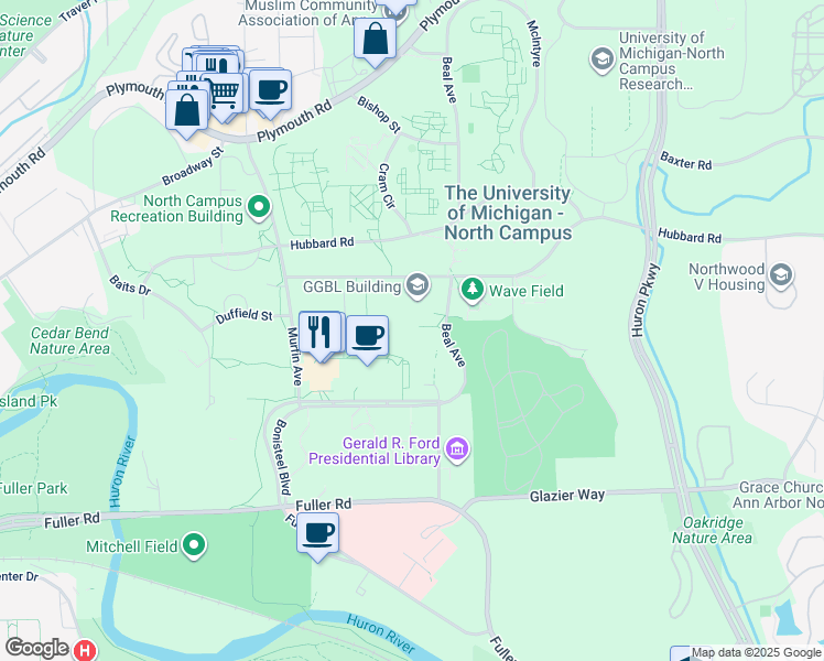map of restaurants, bars, coffee shops, grocery stores, and more near 1301 Beal Avenue in Ann Arbor