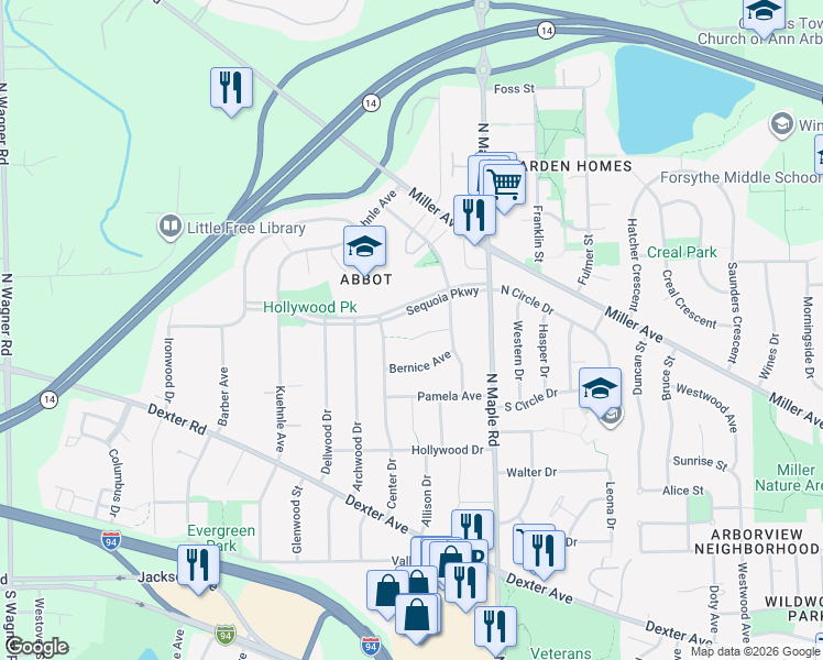 map of restaurants, bars, coffee shops, grocery stores, and more near 2630 Patricia Court in Ann Arbor