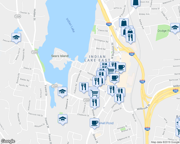 map of restaurants, bars, coffee shops, grocery stores, and more near 2 Boyd Street in Worcester