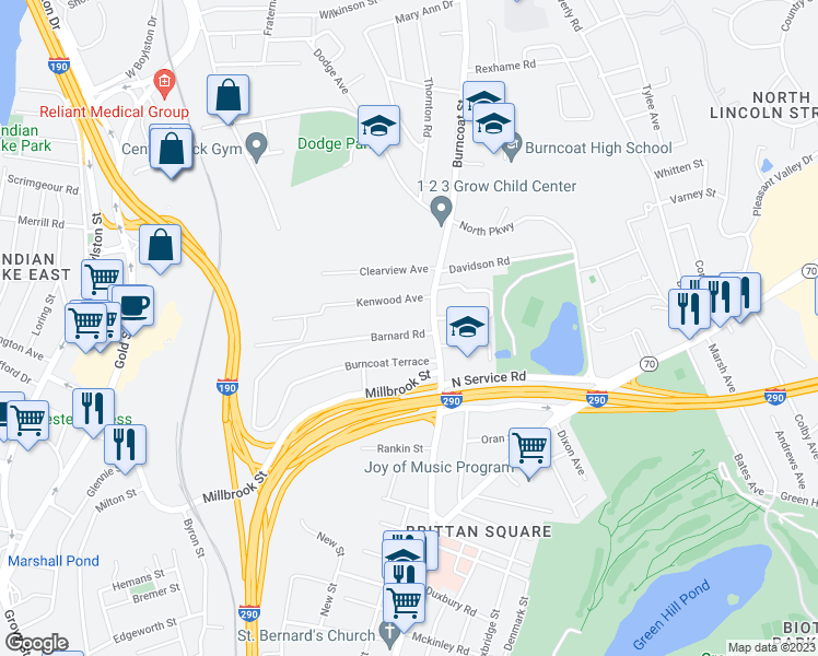 map of restaurants, bars, coffee shops, grocery stores, and more near 12 Barnard Road in Worcester