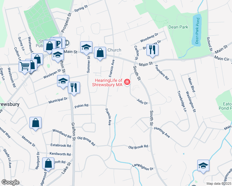 map of restaurants, bars, coffee shops, grocery stores, and more near 42 Bruce Avenue in Shrewsbury