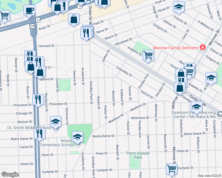 map of restaurants, bars, coffee shops, grocery stores, and more near 2724 Bennett Street in Dearborn