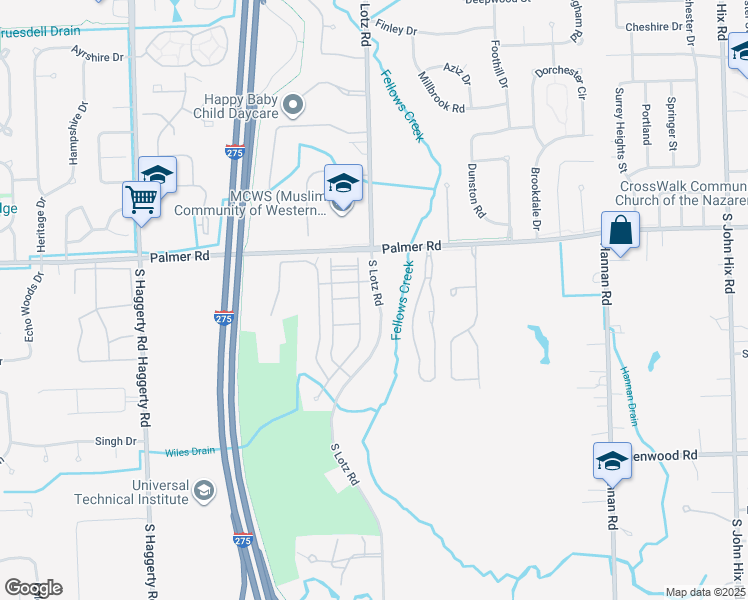 map of restaurants, bars, coffee shops, grocery stores, and more near 2022 South Lotz Road in Canton