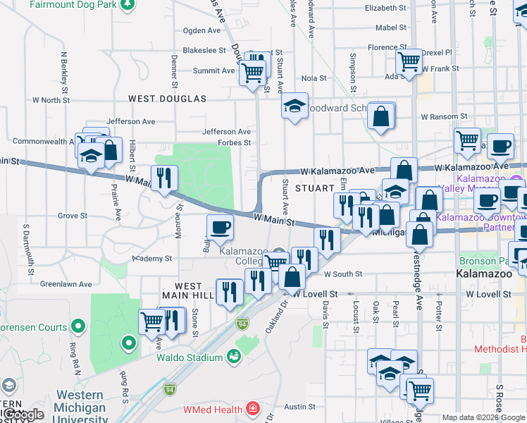 map of restaurants, bars, coffee shops, grocery stores, and more near 1102 West Main Street in Kalamazoo