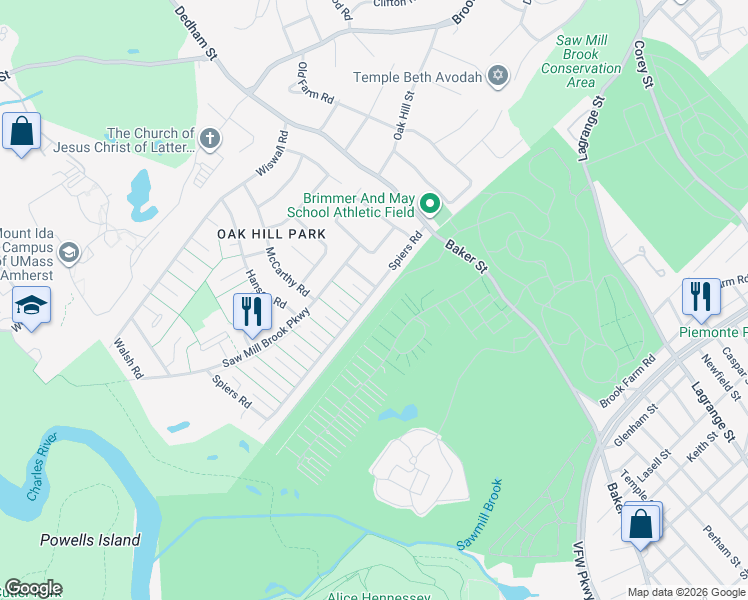 map of restaurants, bars, coffee shops, grocery stores, and more near 225 Spiers Road in Newton