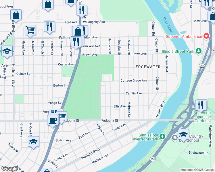 map of restaurants, bars, coffee shops, grocery stores, and more near 1918 Hancock St in Rockford