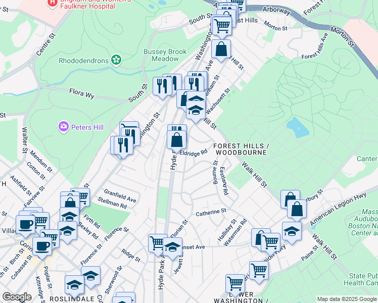 map of restaurants, bars, coffee shops, grocery stores, and more near 210 Wachusett Street in Boston