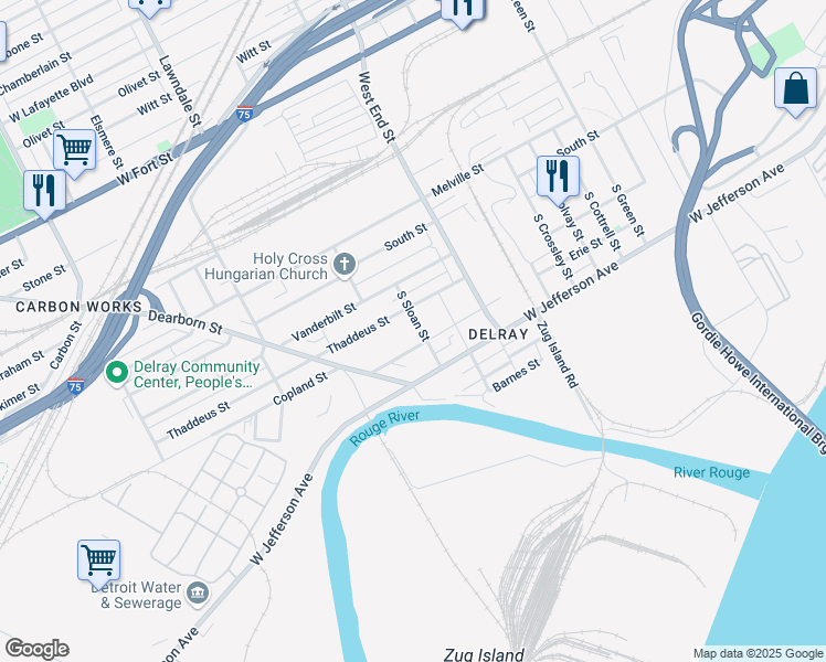 map of restaurants, bars, coffee shops, grocery stores, and more near 740 South Sloan Street in Detroit