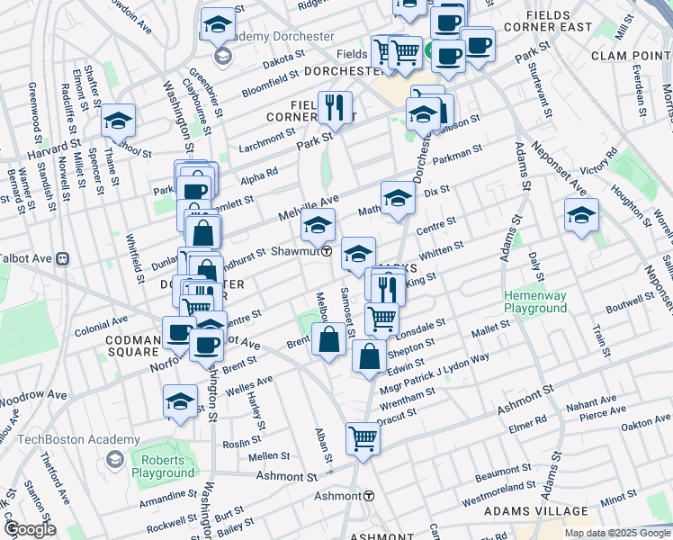 map of restaurants, bars, coffee shops, grocery stores, and more near 7 Clementine Park in Boston