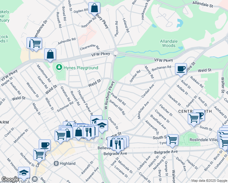 map of restaurants, bars, coffee shops, grocery stores, and more near 388 West Roxbury Parkway in Boston