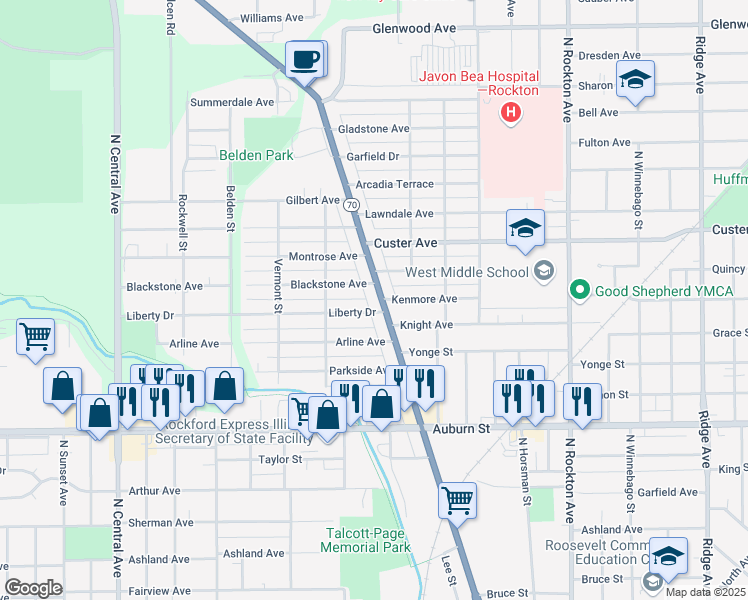 map of restaurants, bars, coffee shops, grocery stores, and more near 1912 Kilburn Avenue in Rockford