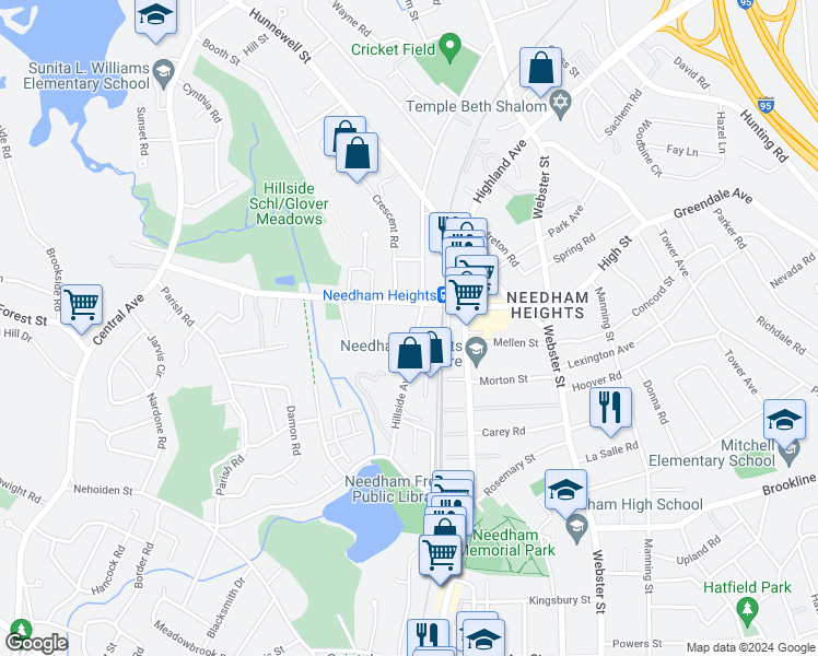 map of restaurants, bars, coffee shops, grocery stores, and more near 395 Hillside Avenue in Needham