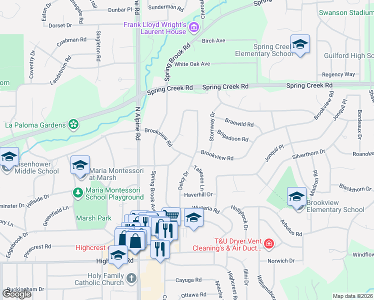 map of restaurants, bars, coffee shops, grocery stores, and more near 4720 Brookview Road in Rockford