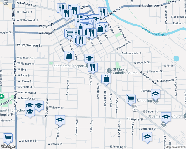 map of restaurants, bars, coffee shops, grocery stores, and more near 209 West Broadway Street in Freeport
