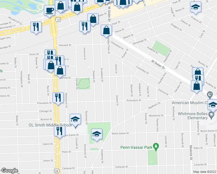 map of restaurants, bars, coffee shops, grocery stores, and more near 2714 Grindley Park Street in Dearborn