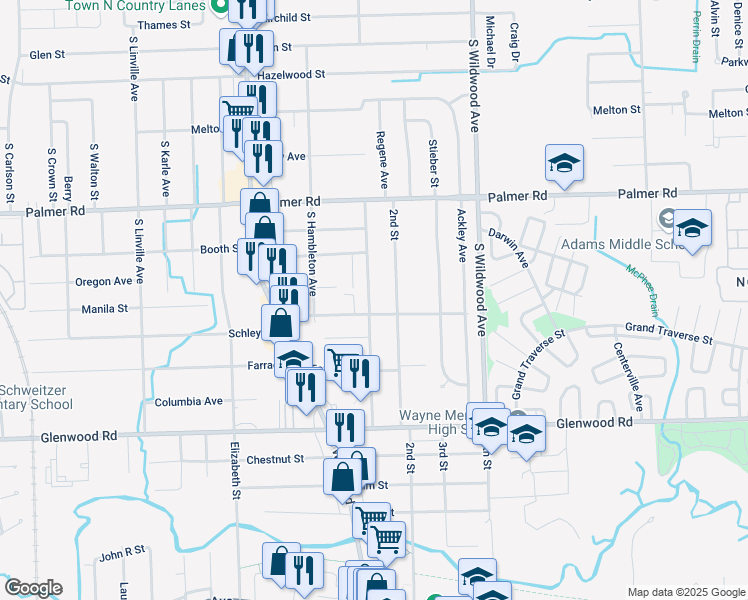 map of restaurants, bars, coffee shops, grocery stores, and more near 2237 South Christine in Westland