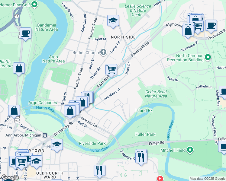 map of restaurants, bars, coffee shops, grocery stores, and more near 1417 Broadway Street in Ann Arbor