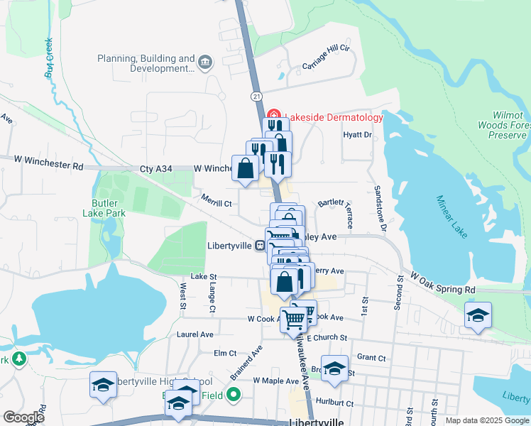 map of restaurants, bars, coffee shops, grocery stores, and more near 907 North Milwaukee Avenue in Libertyville