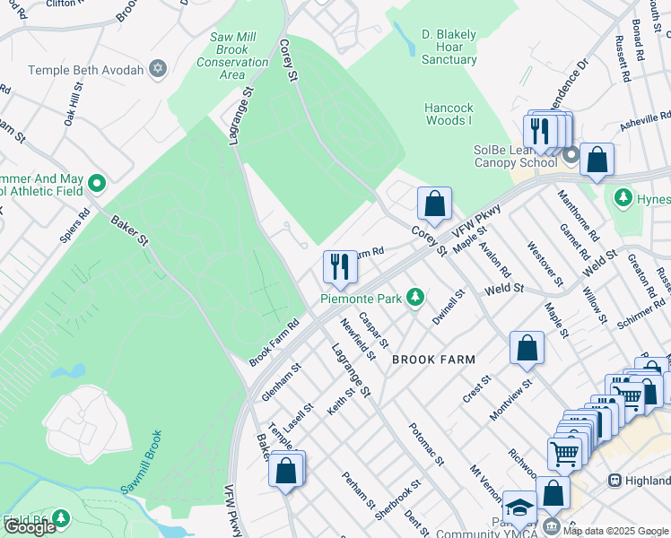 map of restaurants, bars, coffee shops, grocery stores, and more near 17 Kiernan Road in Boston