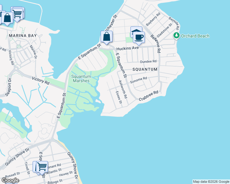 map of restaurants, bars, coffee shops, grocery stores, and more near 147 Essex Street in Quincy